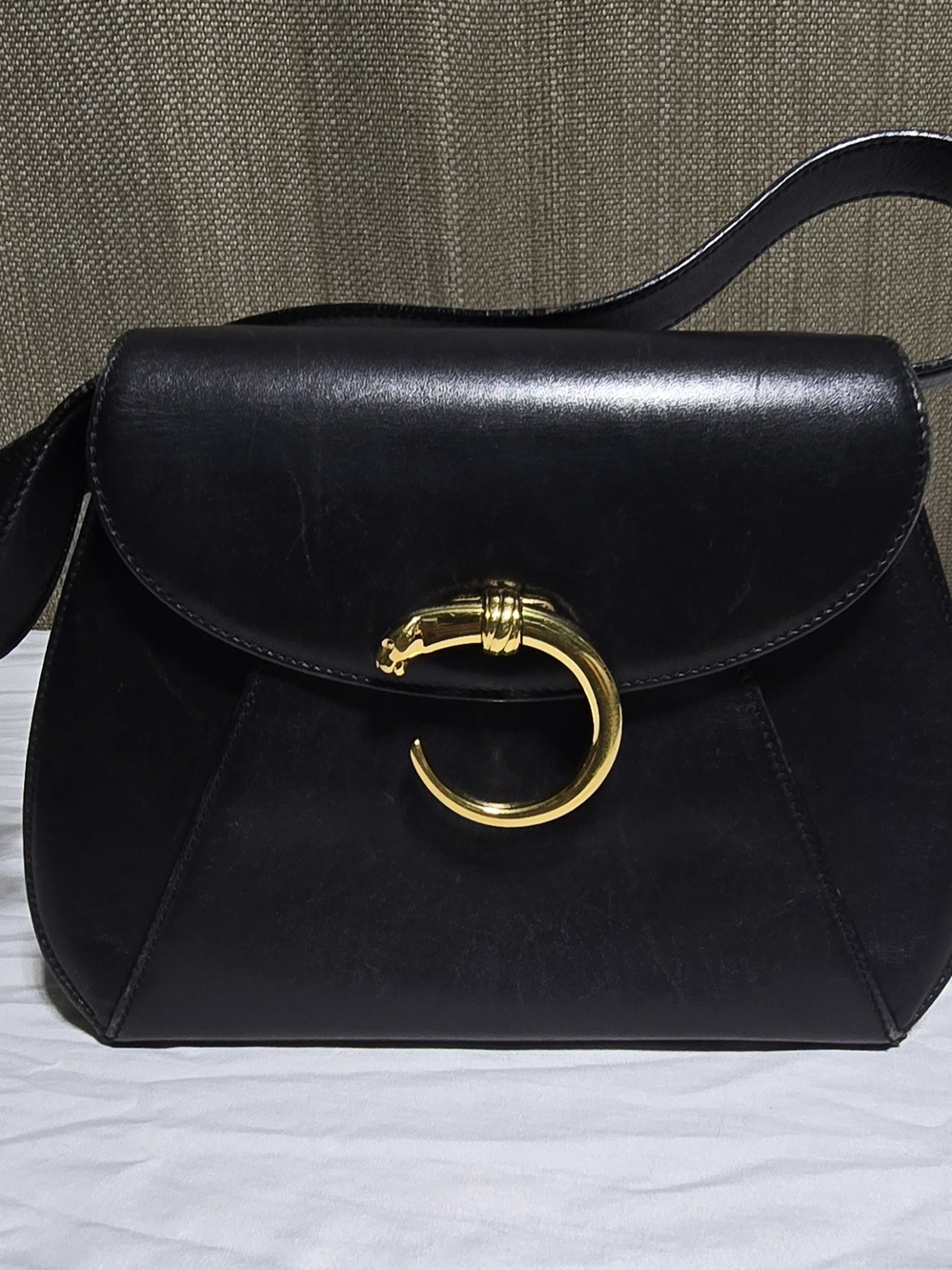 Vintage Cartier Panthère Black Leather Shoulder Bag Gold Panther Hardware